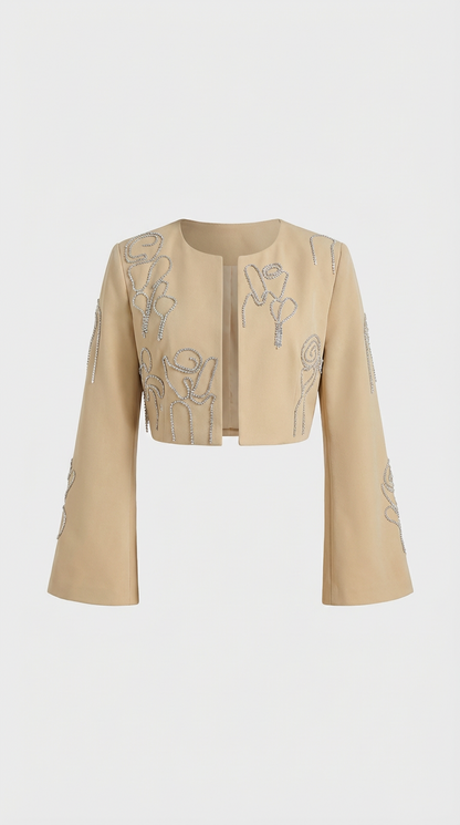 Aura - Embroidered Set with Cropped Jacket + High-Waist Trouser