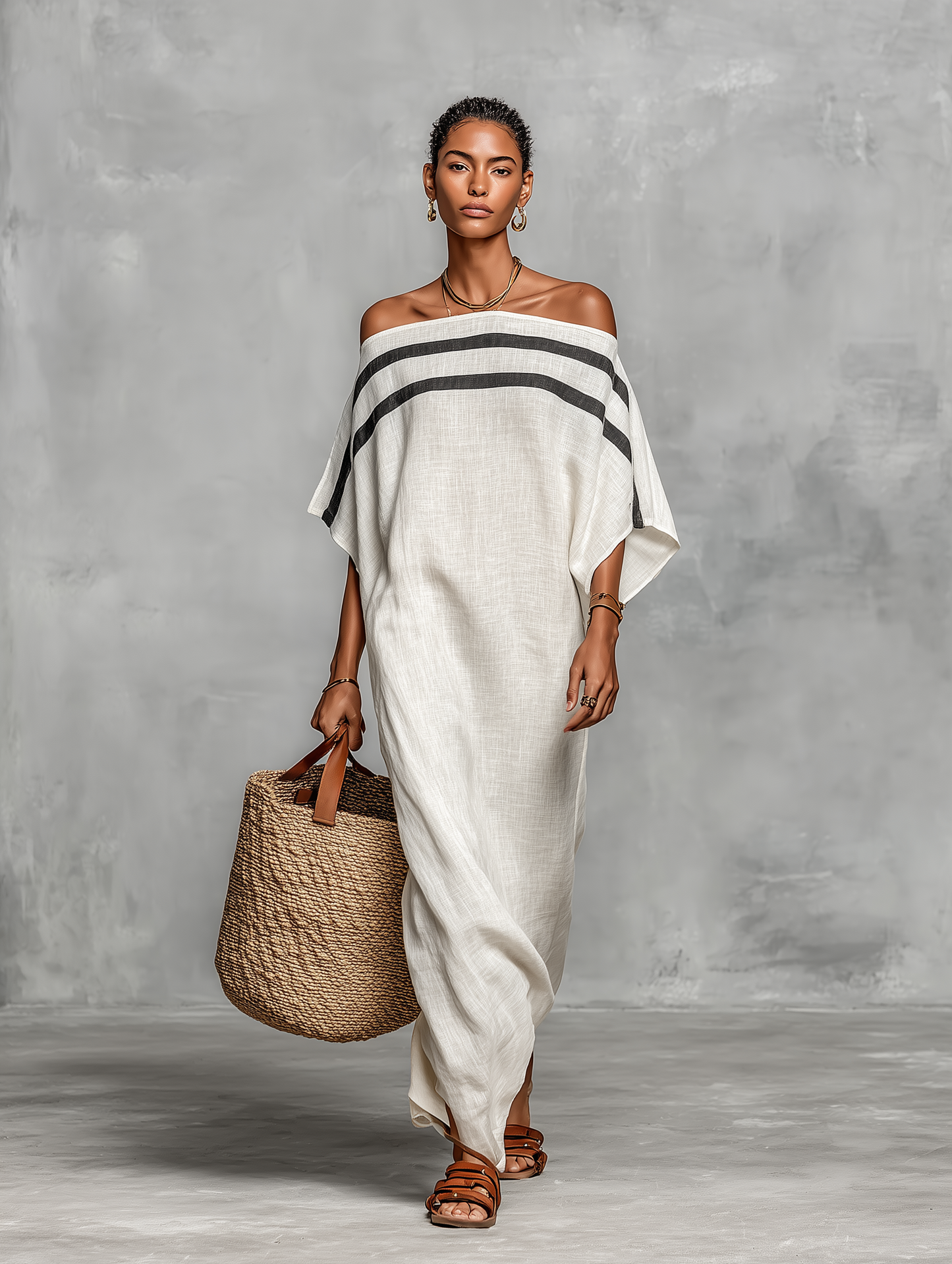 Abito lungo minimalista in lino da donna con scollo off-the-shoulder e maniche a pipistrello