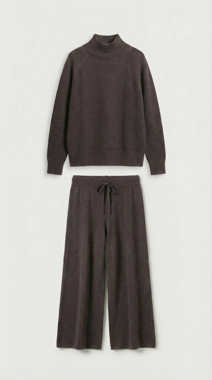 Vilo - 100% Wool Set with Thick Sweater and Wide Pants Brown