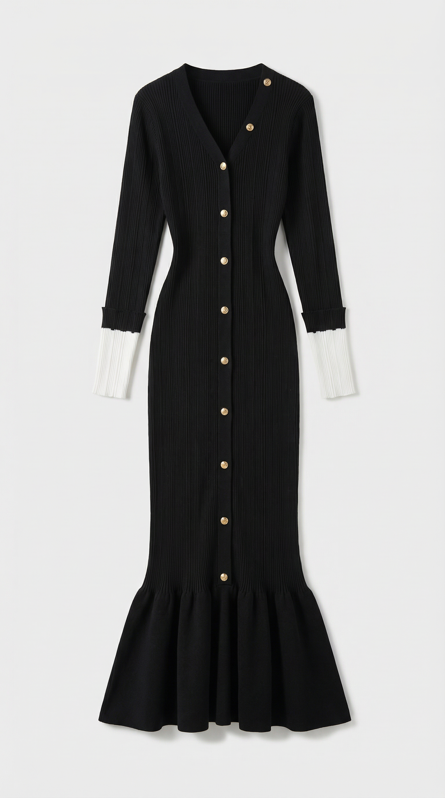 Yva - Fishtail Dress Women with Deep V Neck and Jewellery Buttons Black