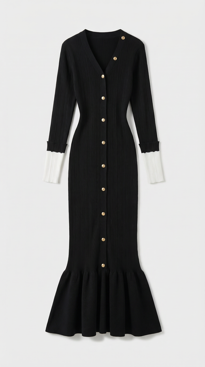 Yva - Fishtail Dress Women with Deep V Neck and Jewellery Buttons Black