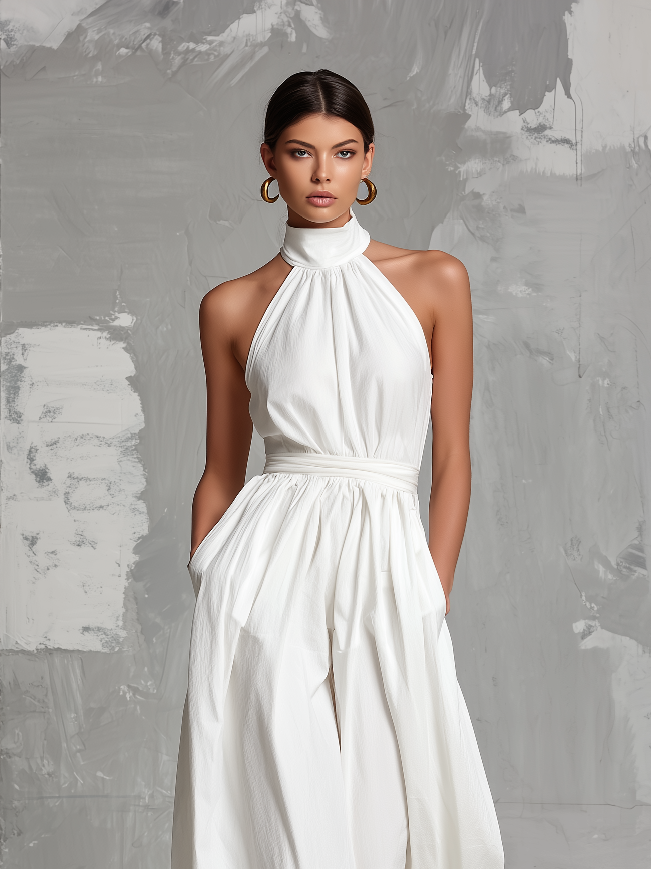 Fiamma | Elegante tuta bianca in tessuto intrecciato con collo halter senza maniche