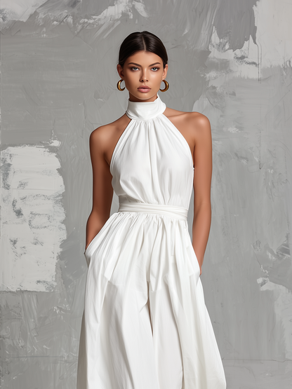 Fiamma | Elegante tuta bianca in tessuto intrecciato con collo halter senza maniche