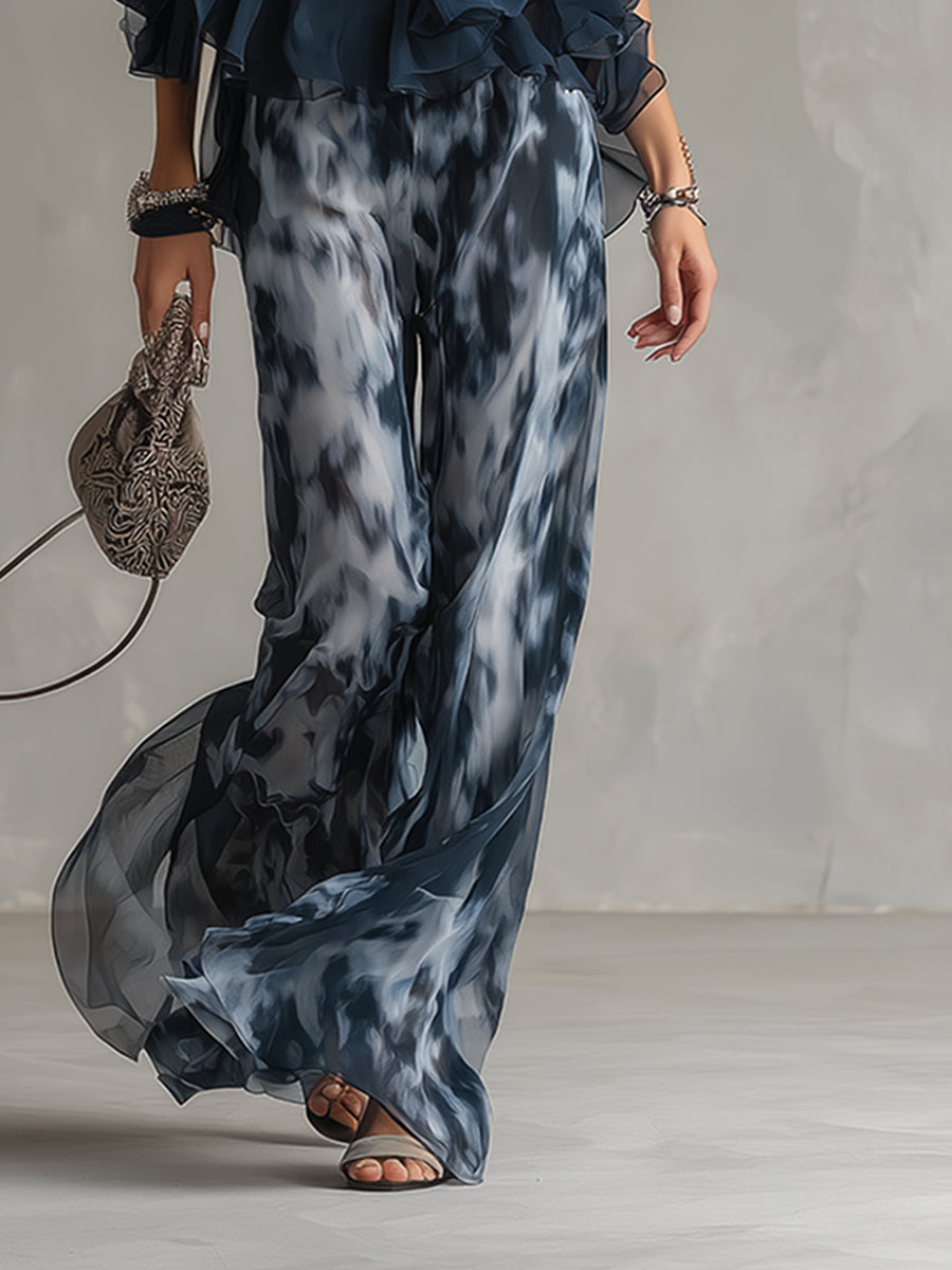 Serena | Completo elegante in chiffon con top a collo alto e pantalone a fantasia a gamba larga