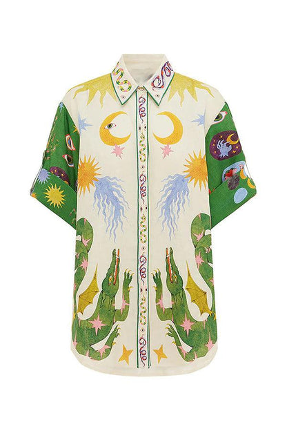 Days of Heaven Linen Blend Unique Print Blouse and Elastic Waist Pocketed Shorts Set