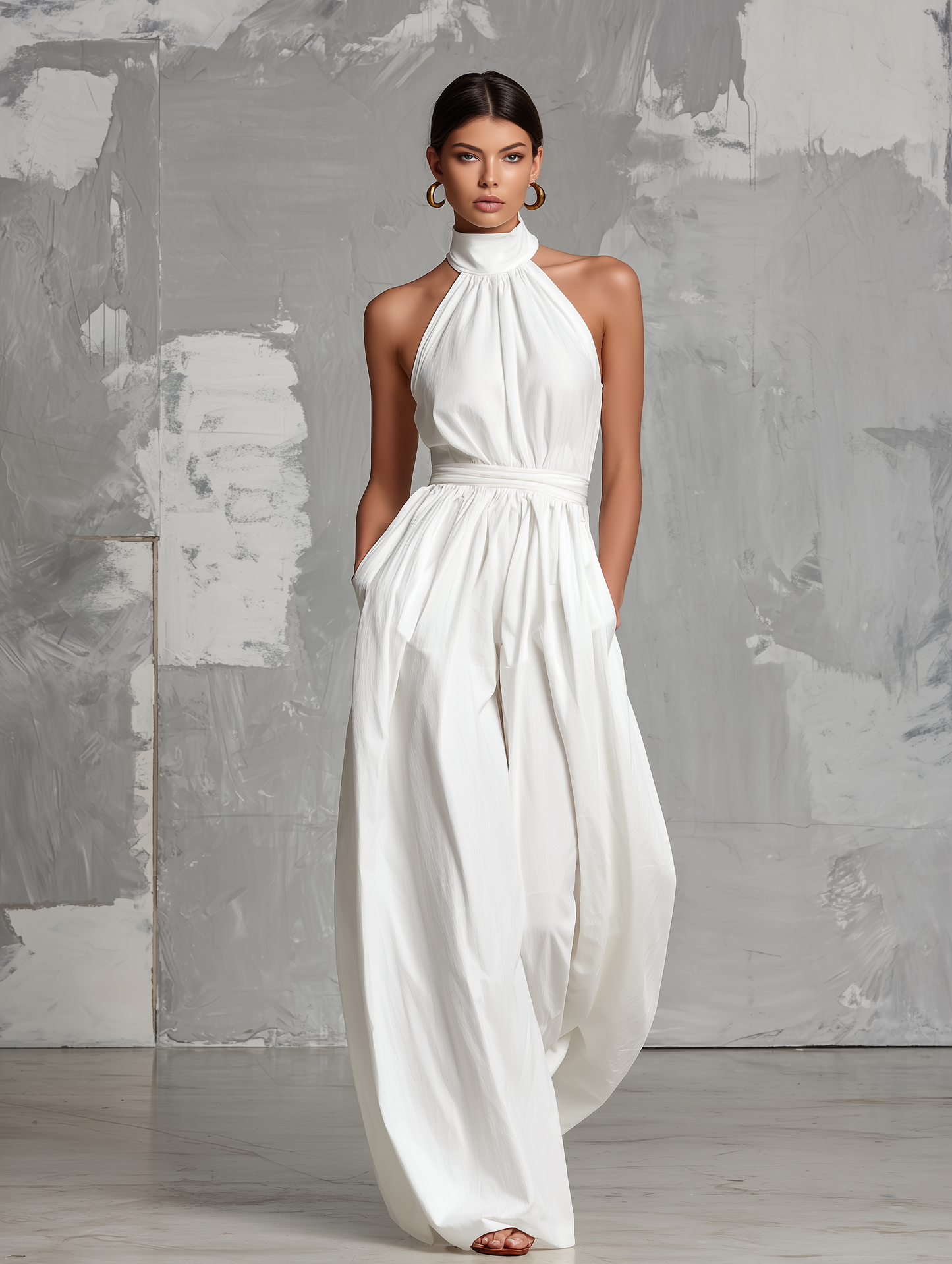 Fiamma | Elegante tuta bianca in tessuto intrecciato con collo halter senza maniche
