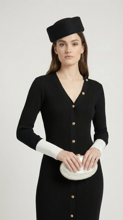 Yva - Fishtail Dress Women with Deep V Neck and Jewellery Buttons Black