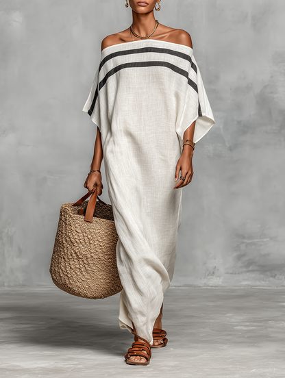 Abito lungo minimalista in lino da donna con scollo off-the-shoulder e maniche a pipistrello