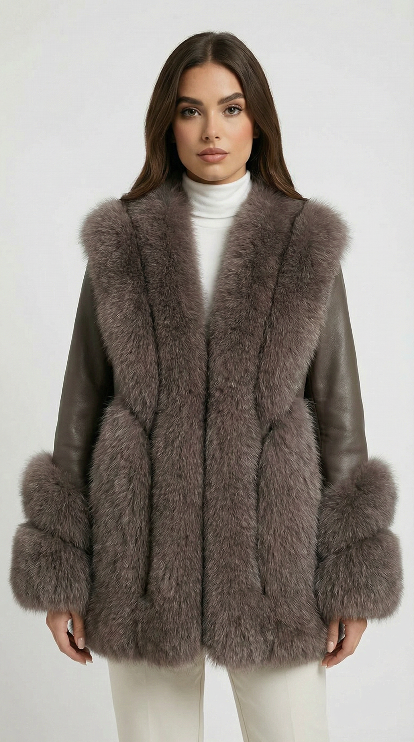 Esker – Fox Fur and Genuine Leather Classic Coat Brown