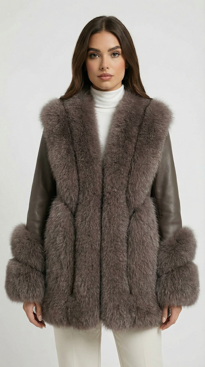 Esker – Fox Fur and Genuine Leather Classic Coat Brown