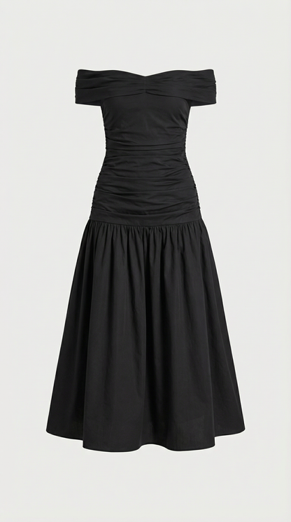 Ligne - Contrasting Voluminous A-line Dress with Architectural Fold-Over Neckline