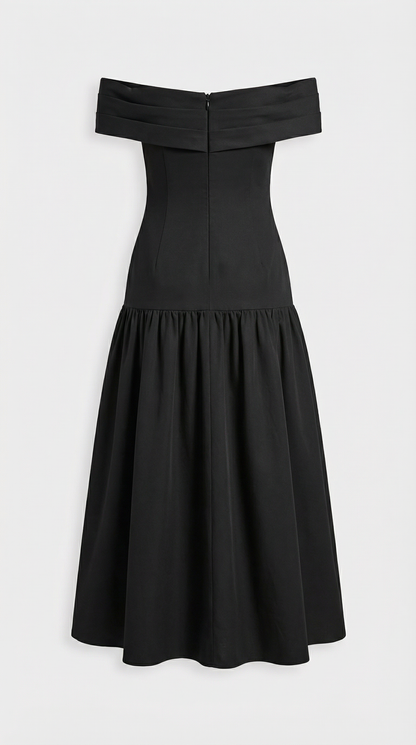 Ligne - Contrasting Voluminous A-line Dress with Architectural Fold-Over Neckline