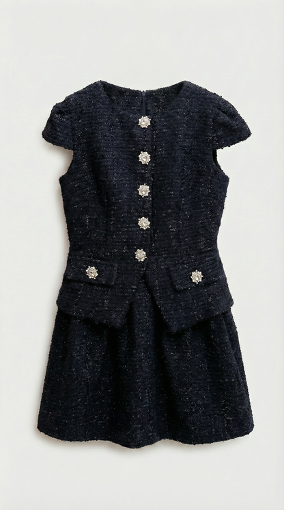 Auris - Short Formal Tweed Dresses Women with Diamnond Jewell Buttons