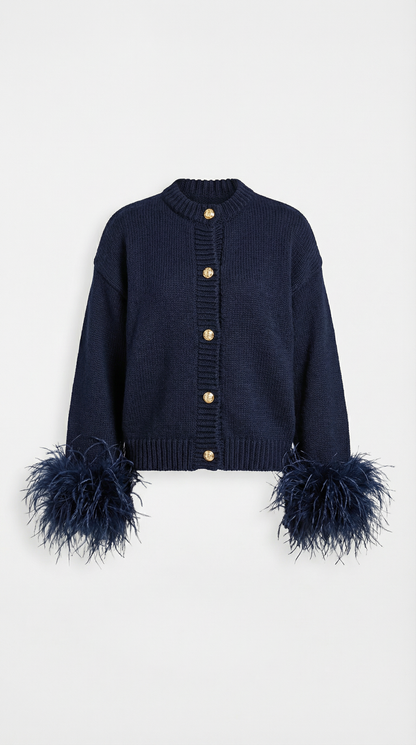 Lune - Feather-Trimmed Cotton Knit Cardigan Dark Blue
