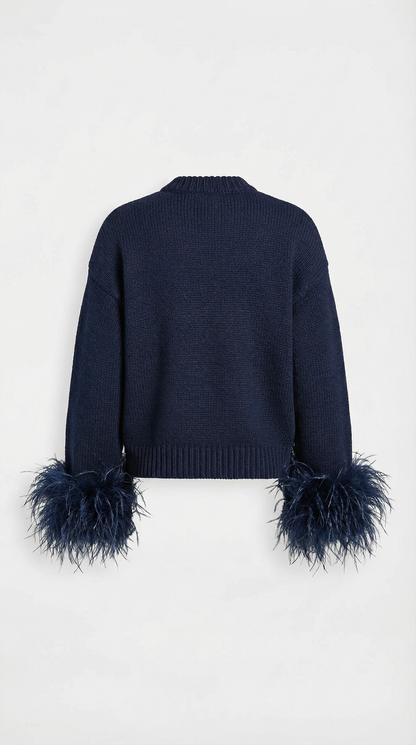 Lune - Feather-Trimmed Cotton Knit Cardigan Dark Blue