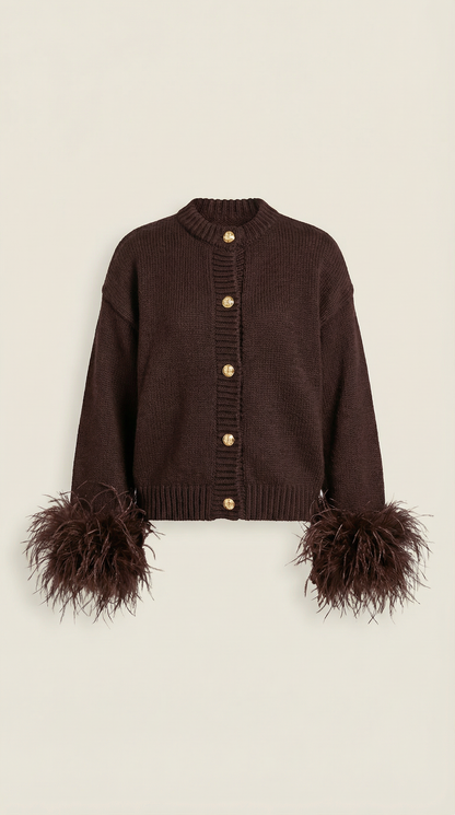 Lune - Feather-Trimmed Cotton Knit Cardigan Dark Brown