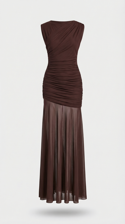 Clair - Minimalist Pleated Sculptural Long Dress Brown