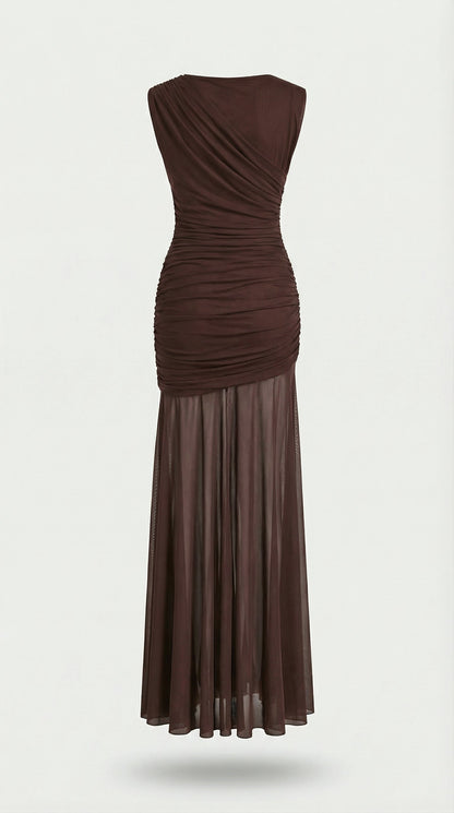 Clair - Minimalist Pleated Sculptural Long Dress Brown