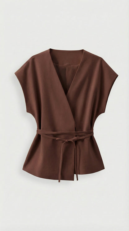Epure - V-Neck Belted Sleeveless Top Brown