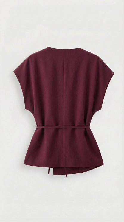 Epure - V-Neck Belted Sleeveless Top Burgundy