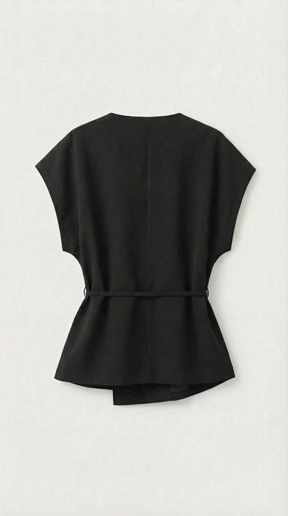 Epure - V-Neck Belted Sleeveless Top Black