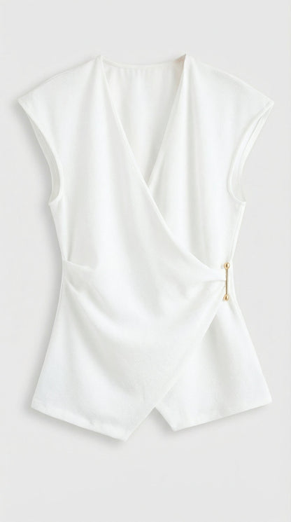 Liora - Ruched Pin-Accent Minimalist Top White