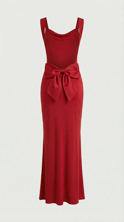 Essa - Sexy Bow Backless Cowl-Neck Maxi Dress Red