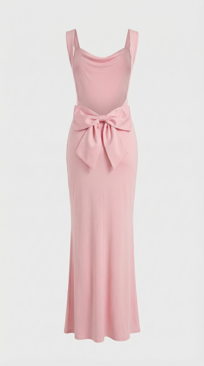 Essa - Sexy Bow Backless Cowl-Neck Maxi Dress Pink