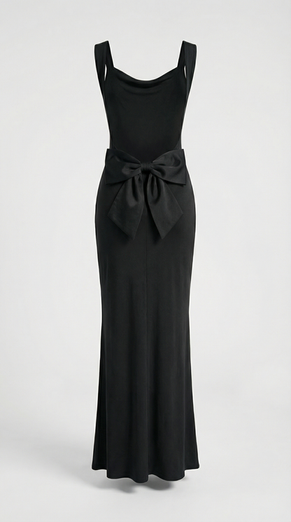 Essa - Sexy Bow Backless Cowl-Neck Maxi Dress Black