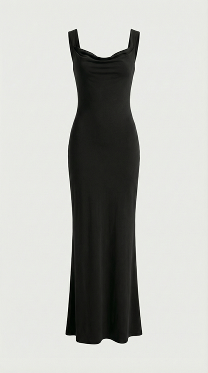 Essa - Sexy Bow Backless Cowl-Neck Maxi Dress Black