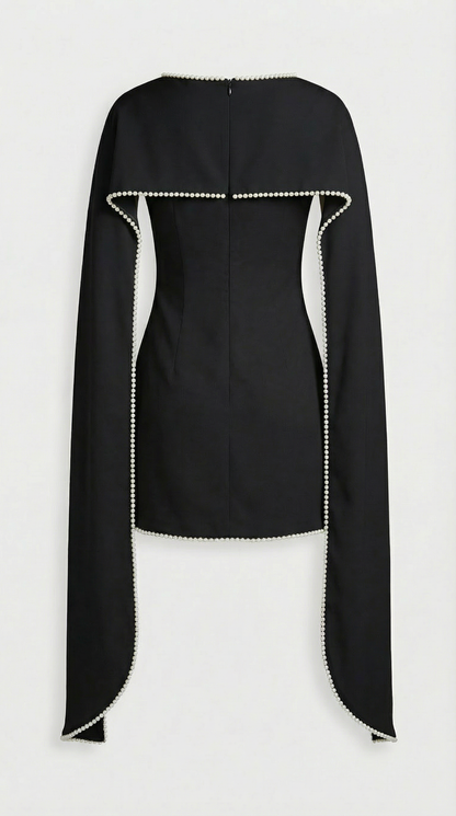 Pure - Pearl-Trimmed Minimalist Cape Dress