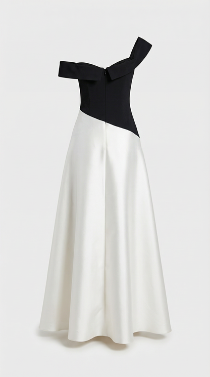 Calmi - Elegant Black & White Block One-Shoulder Dress