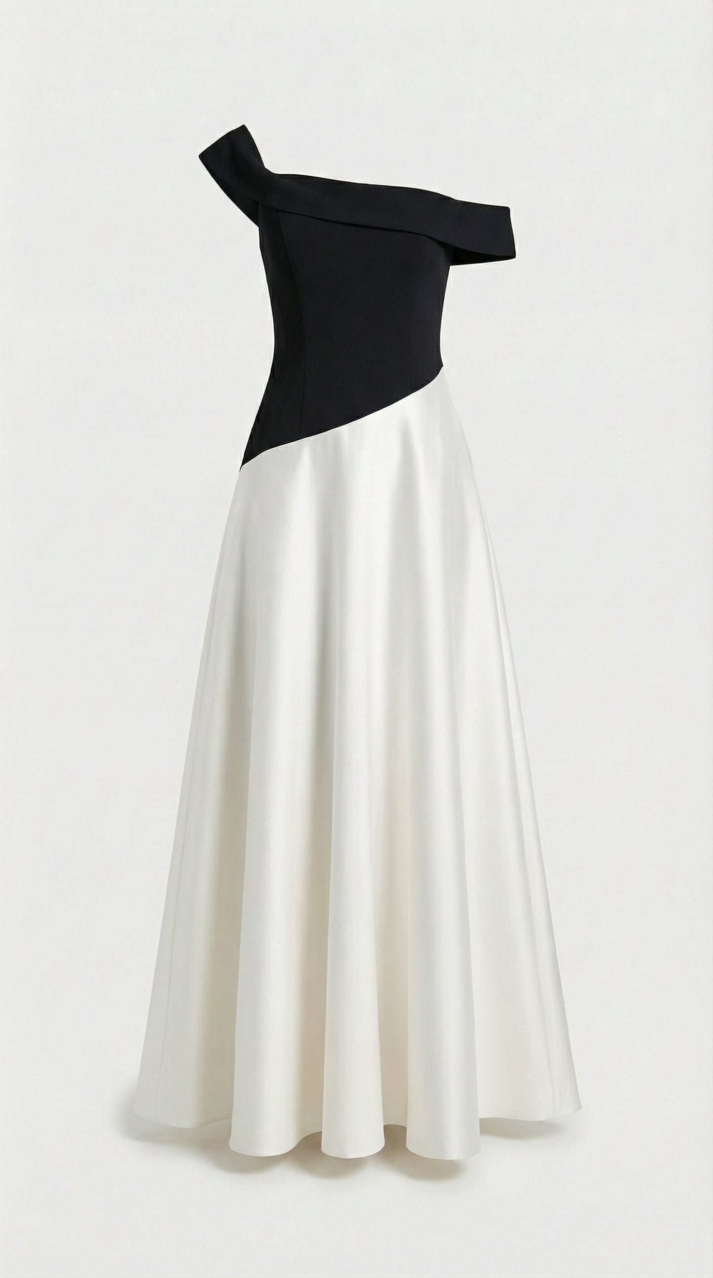 Calmi - Elegant Black & White Block One-Shoulder Dress
