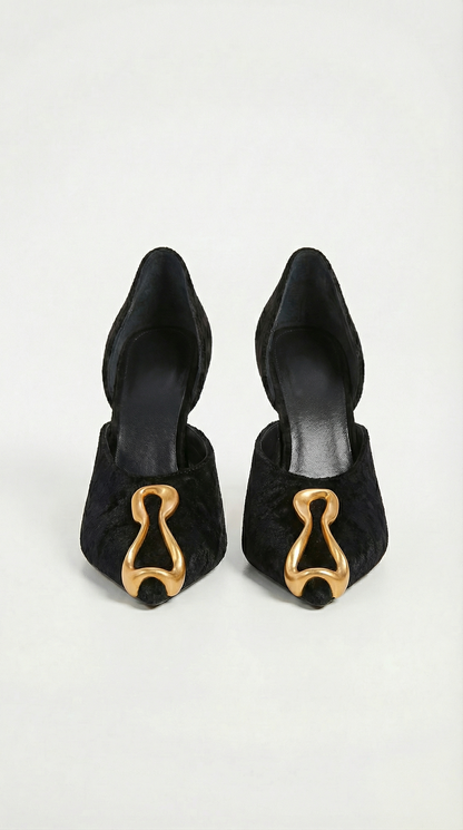 Elara - Metal-Decor Suede Sculptural Natural Leather Heels