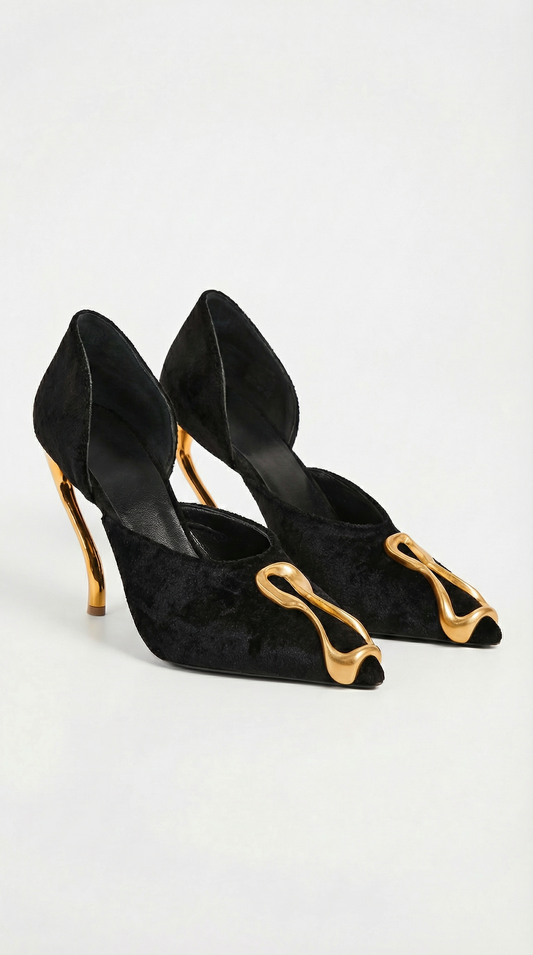 Elara - Metal-Decor Suede Sculptural Natural Leather Heels
