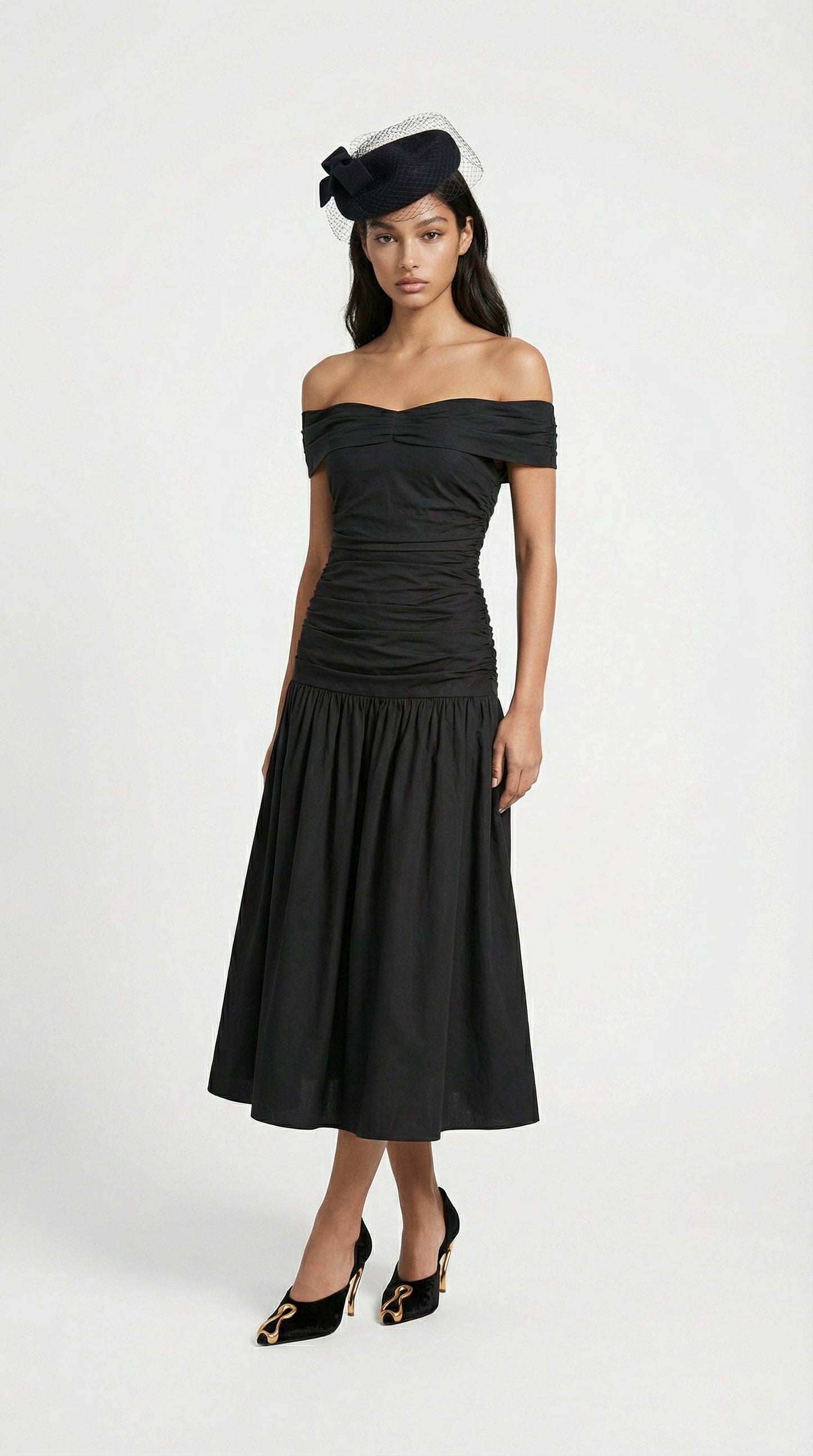 Ligne - Contrasting Voluminous A-line Dress with Architectural Fold-Over Neckline