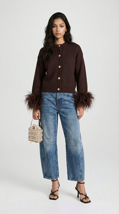 Lune - Feather-Trimmed Cotton Knit Cardigan Dark Brown