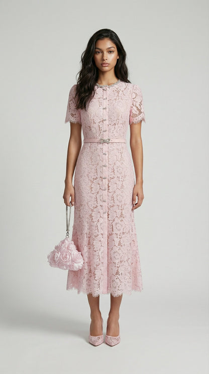 Nory - Elegant Pink Lace Fish-Tail Evening Gown
