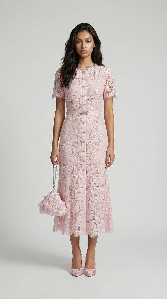 Nory - Elegant Pink Lace Fish-Tail Evening Gown