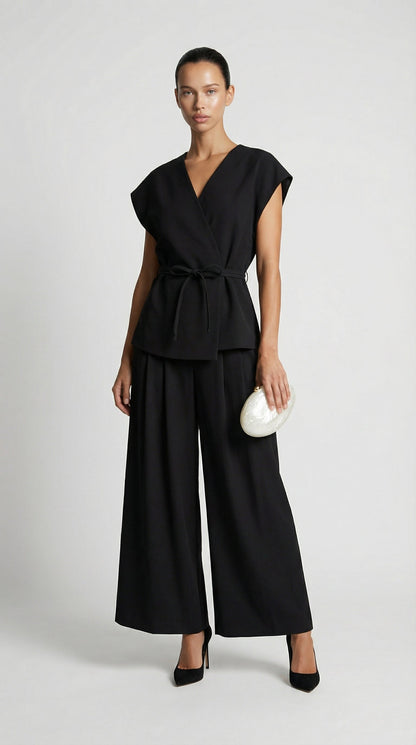 Epure - V-Neck Belted Sleeveless Top Black