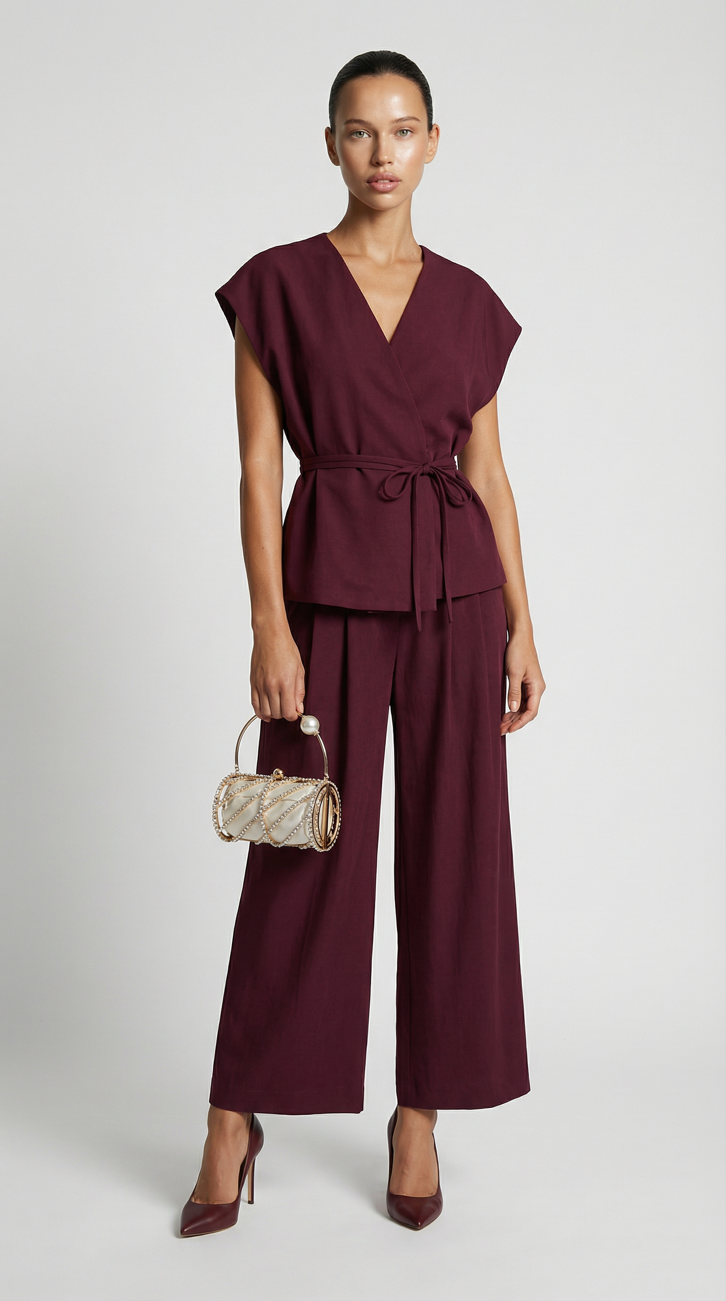 Epure - V-Neck Belted Sleeveless Top Burgundy