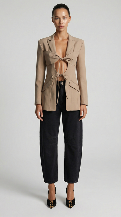Valier - Architectural Cut-Out Lace-Up Blazer Top Beige