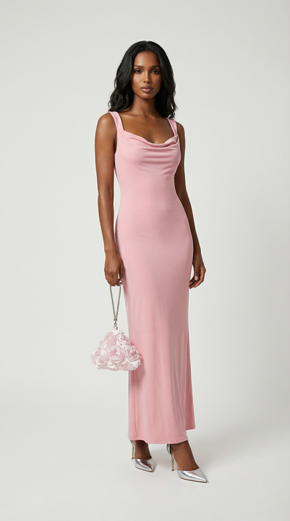 Essa - Sexy Bow Backless Cowl-Neck Maxi Dress Pink