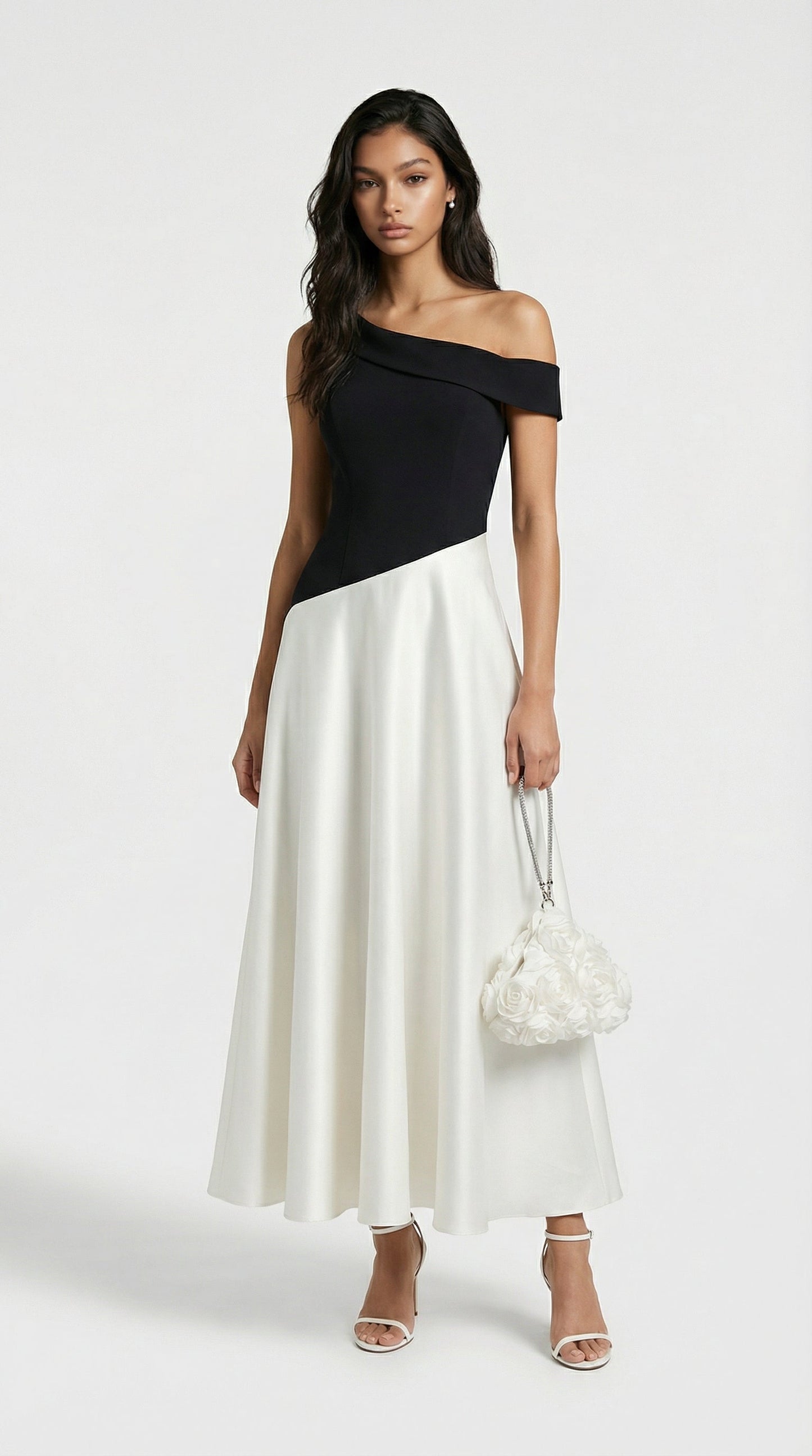 Calmi - Elegant Black & White Block One-Shoulder Dress