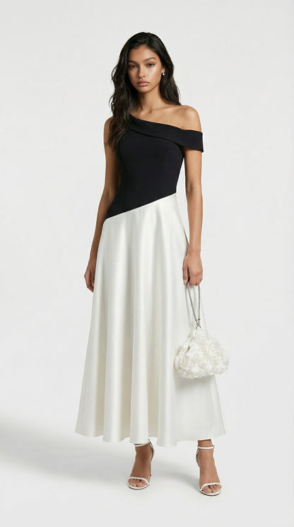 Calmi - Elegant Black & White Block One-Shoulder Dress