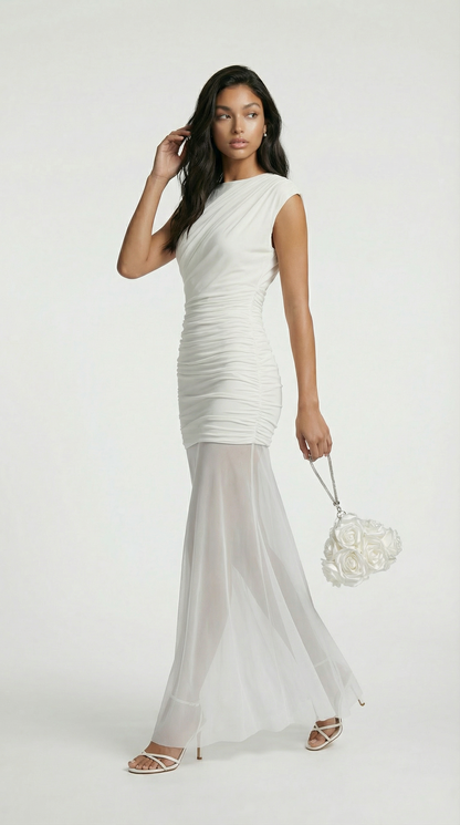 Clair - Minimalist Pleated Sculptural Long Dress White