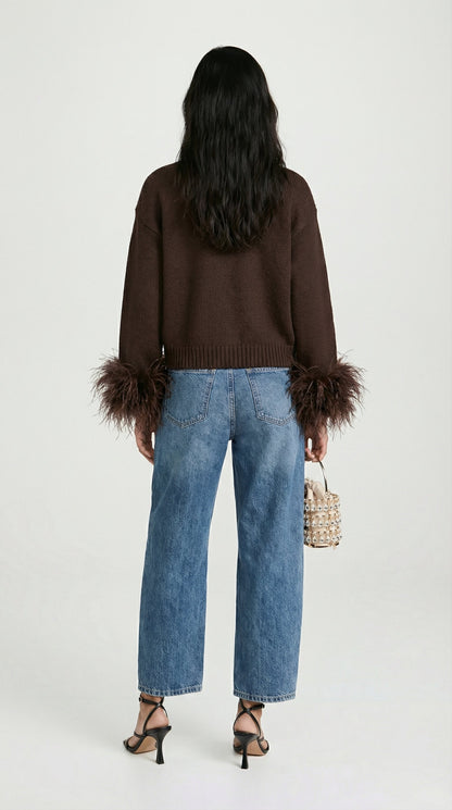 Lune - Feather-Trimmed Cotton Knit Cardigan Dark Brown