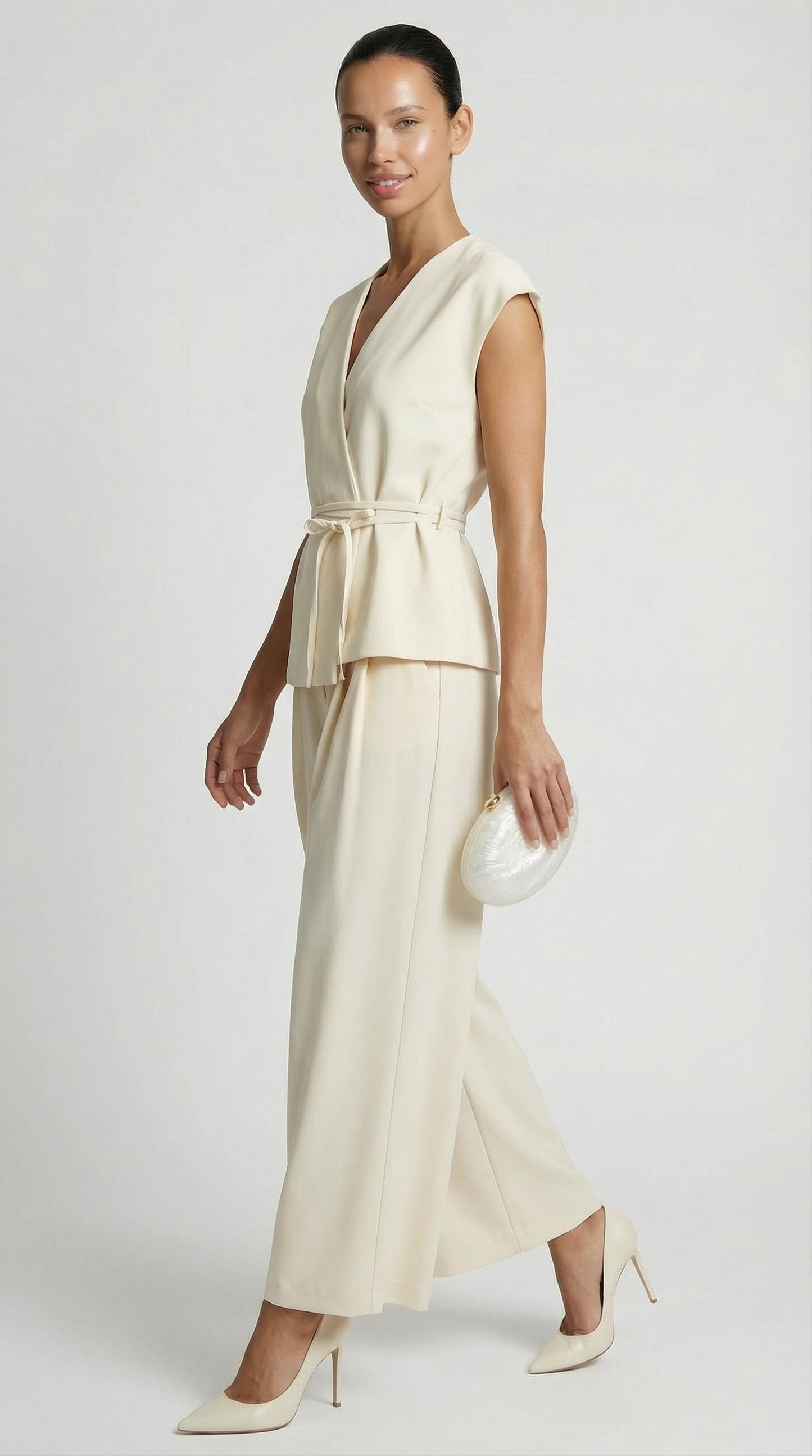 Epure - V-Neck Belted Sleeveless Top Ivory