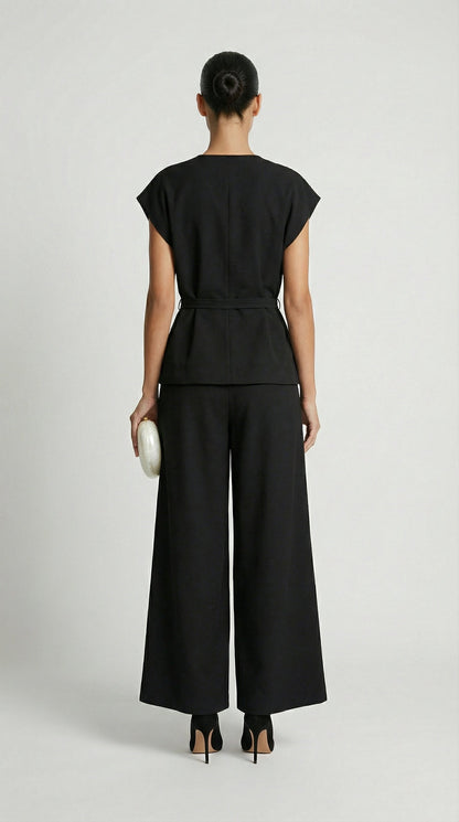 Epure - V-Neck Belted Sleeveless Top Black