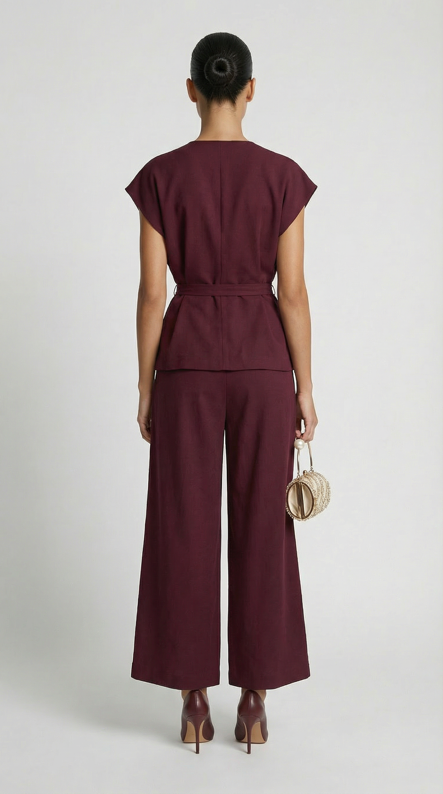 Epure - V-Neck Belted Sleeveless Top Burgundy